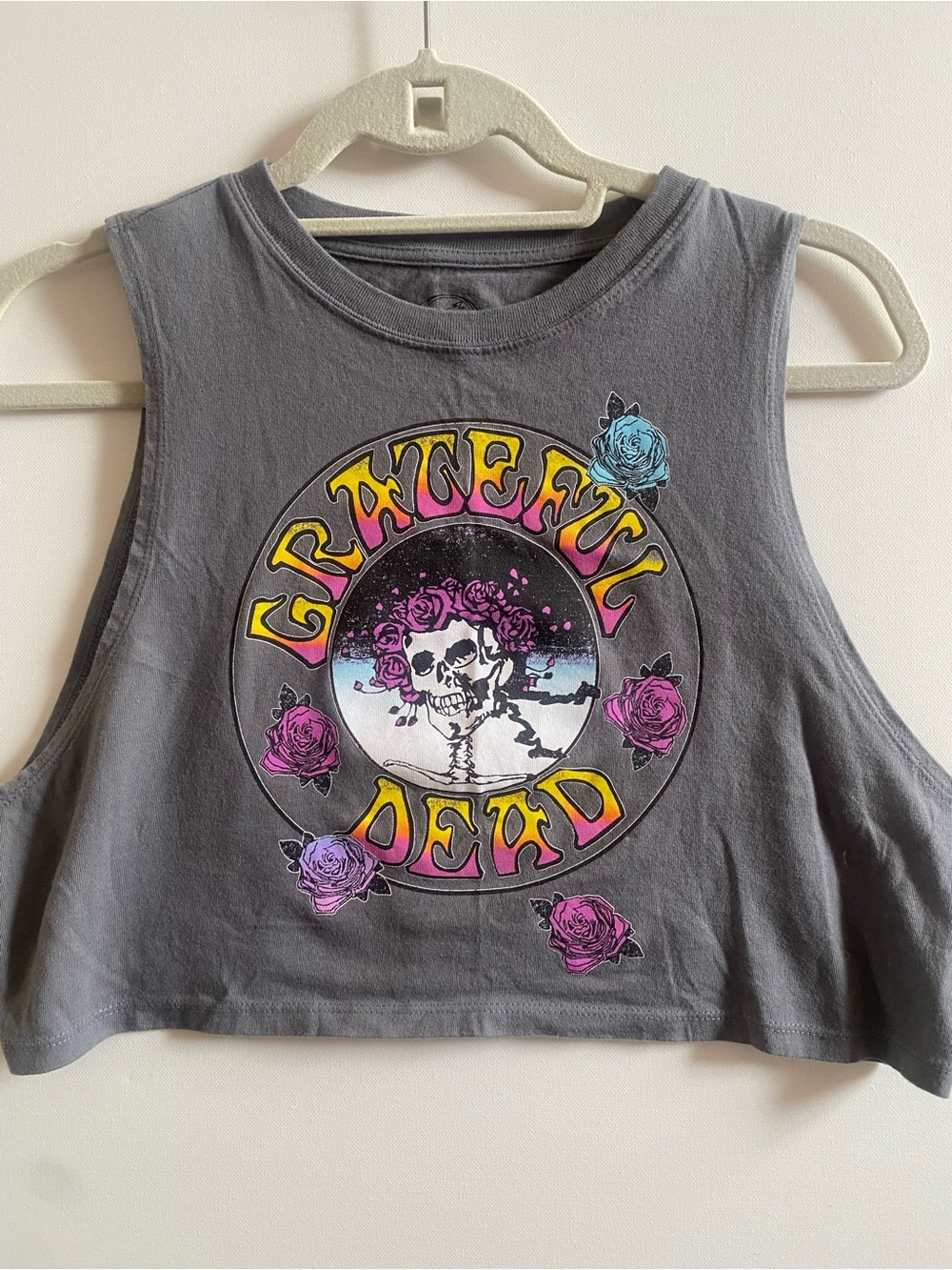 Grateful Dead Graphic Crop Tank - Gray with Colorful Roses